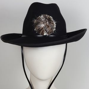 Betmar Vintage Wool Black Fedora Hat w/ Pheasant Feather Detail, Leather, EUC, L